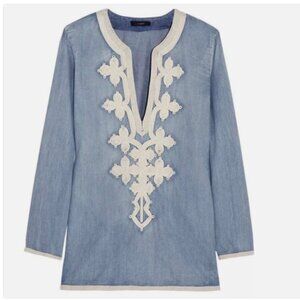 J Crew Embroidered Blue Cotton Chambray Tunic Top Blouse Size 6